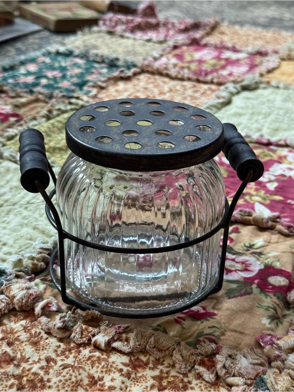 Vintage Glass Flower Frog Vase with Rustic Metal Top and Wooden Handles